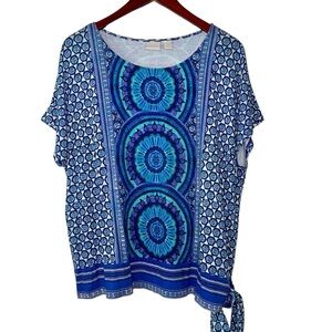 Chicos medallion boho t-shirt artsy tee tie side blue purple scoop neck XL 3